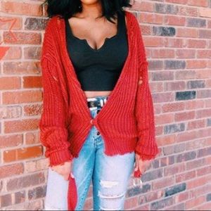 BLACK Frayed Distressed & Belted Cardigan